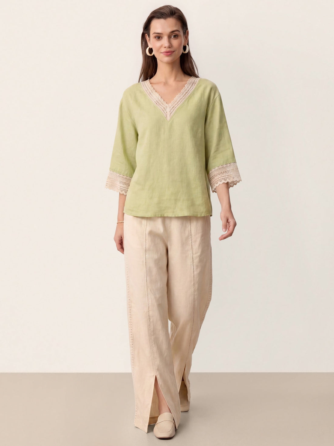100% Linen Garment-Dyed V-Neck Blouse