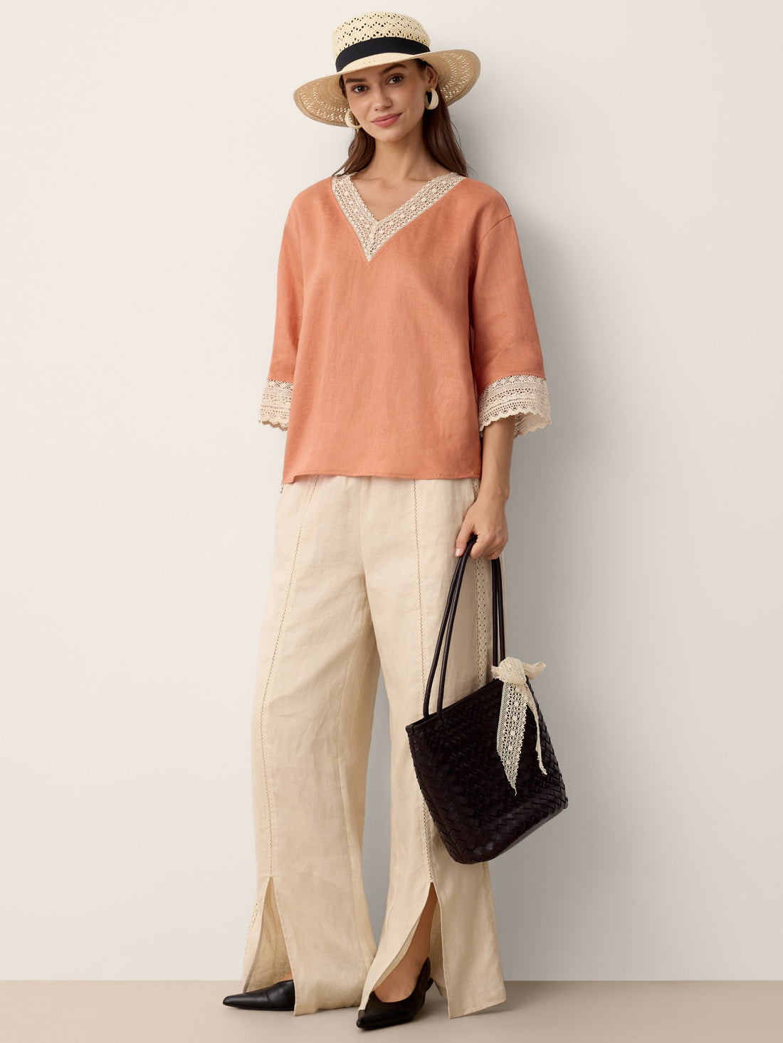 100% Linen Garment-Dyed V-Neck Blouse