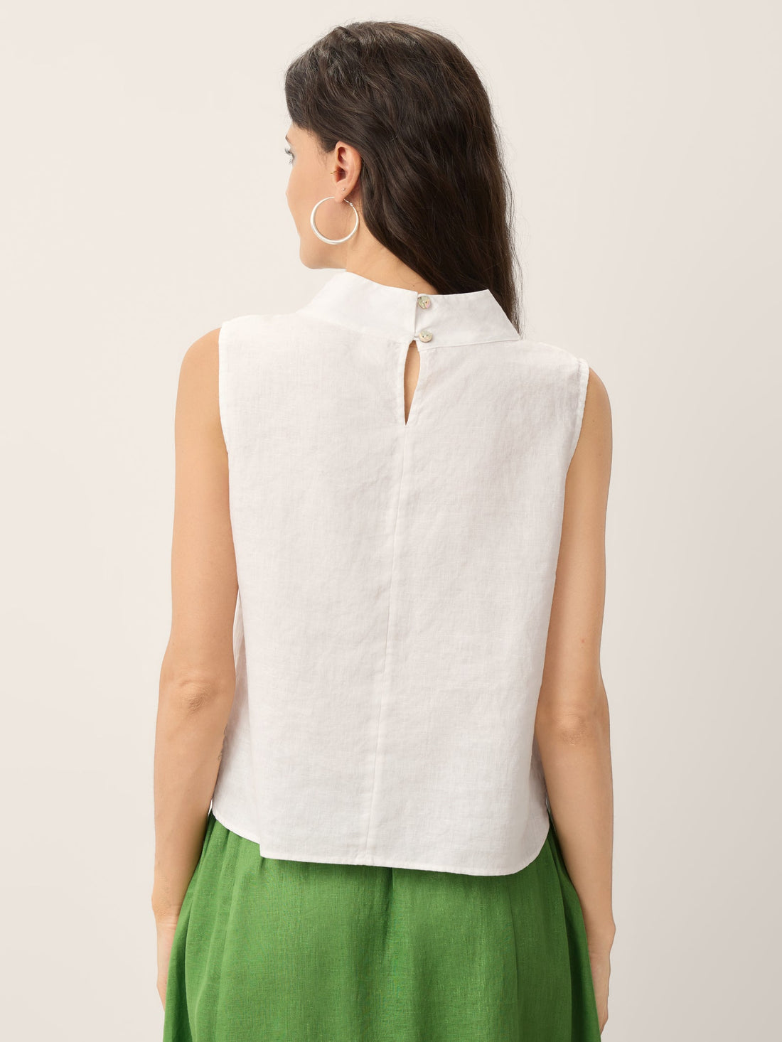 100% Linen Lace-Inset Stand Collar Sleeveless Top
