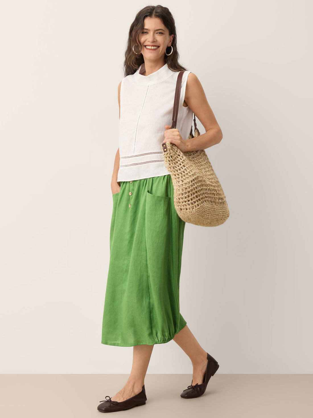 100% Linen Lace-Inset Stand Collar Sleeveless Top