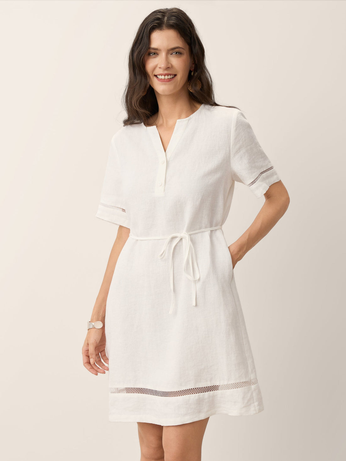 100% Linen V-Neck Mini Dress with Side Pockets