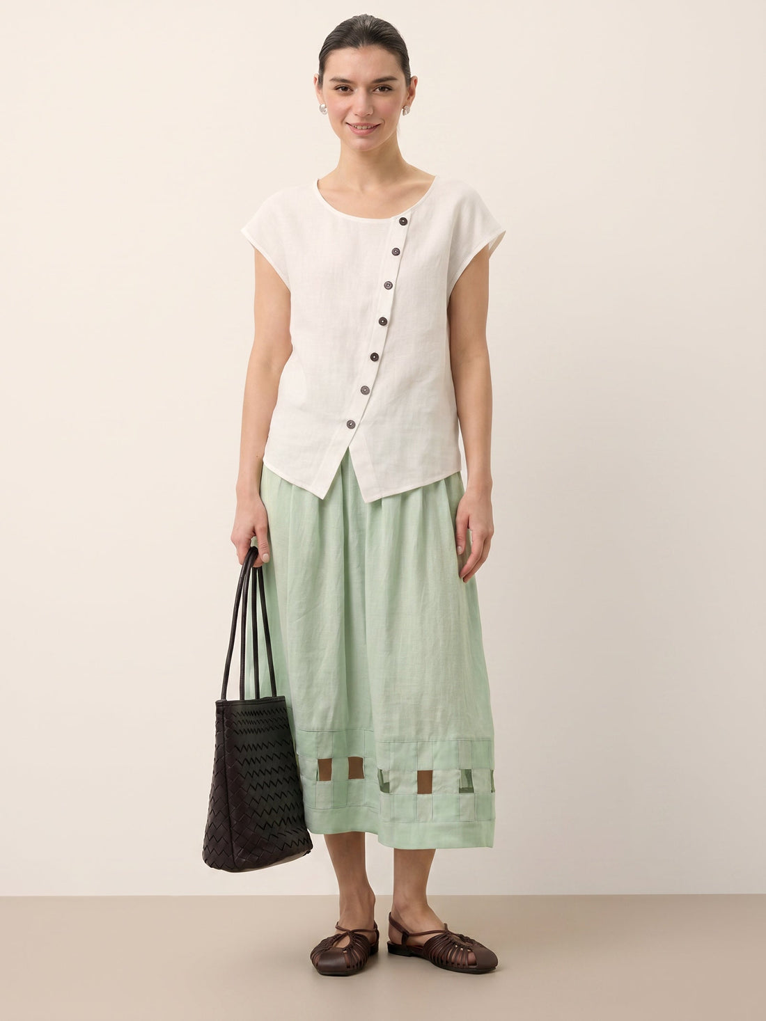 100% Linen Round Neck Cap Sleeve Blouse