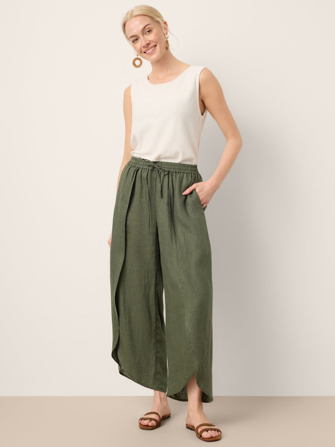100% Linen Elastic-Waist Wide-Leg Pants