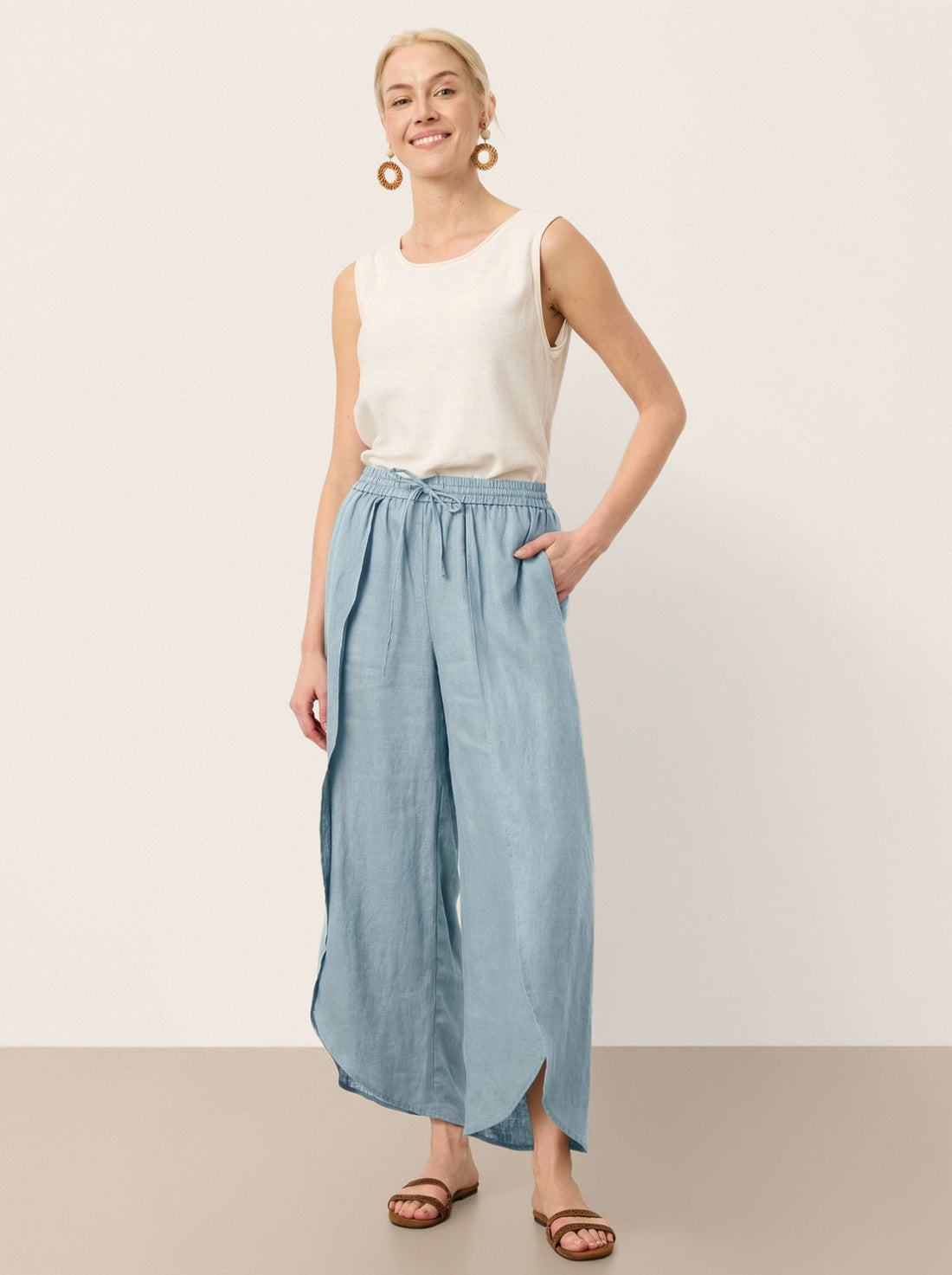 100% Linen Elastic-Waist Wide-Leg Pants