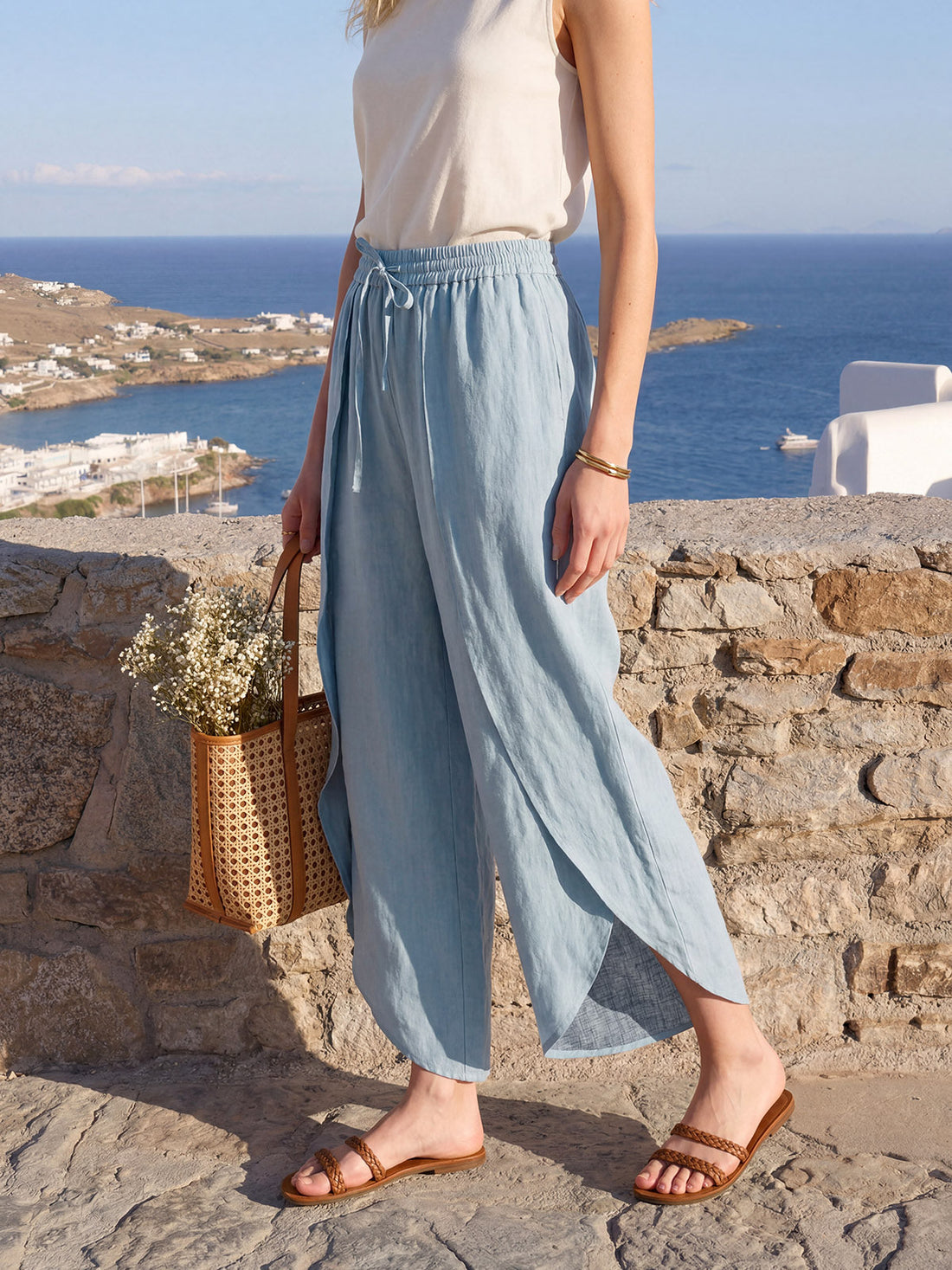 100% Linen Elastic-Waist Wide-Leg Pants