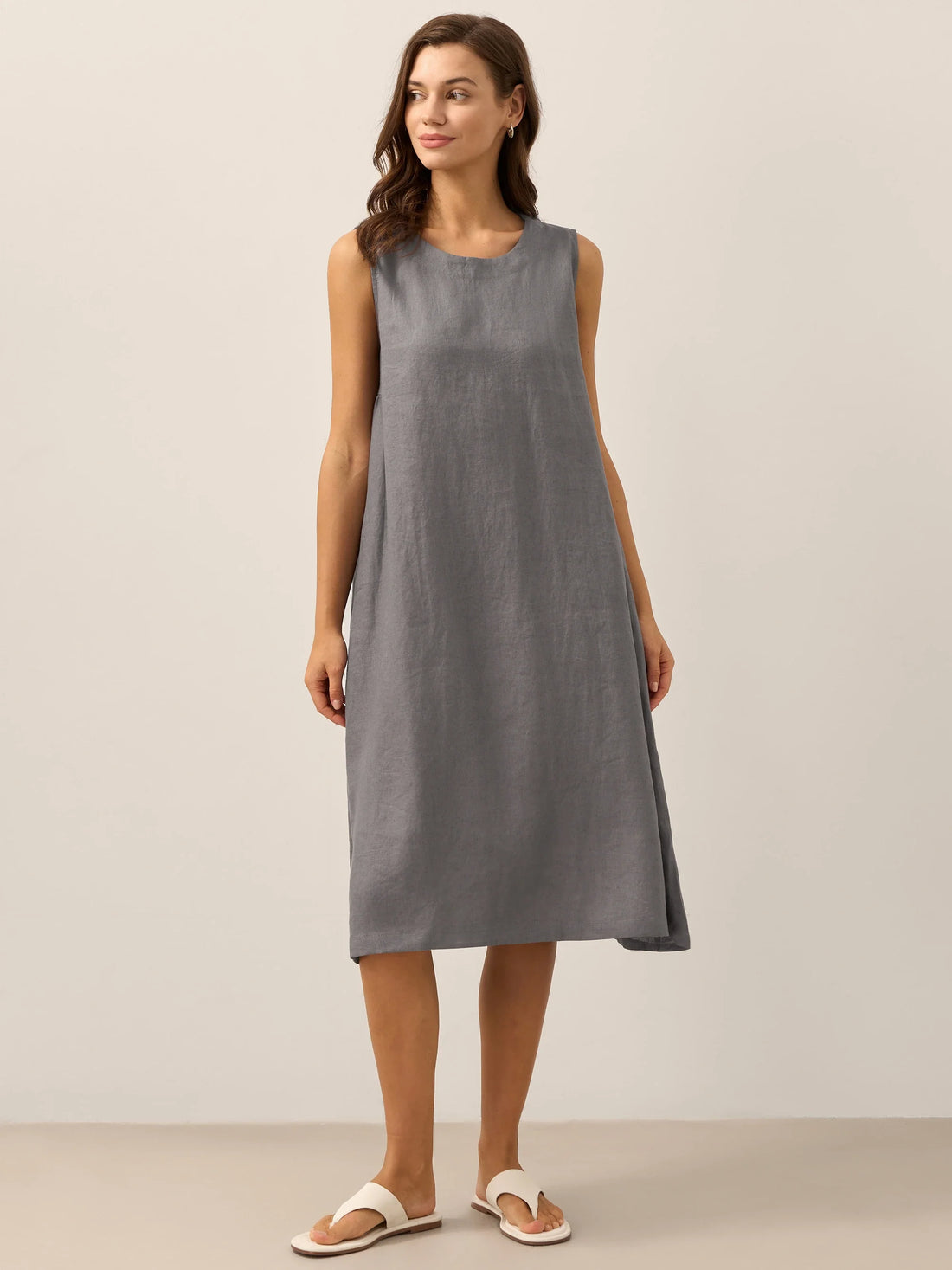 100% Linen Sleeveless Round Neck Midi Dress