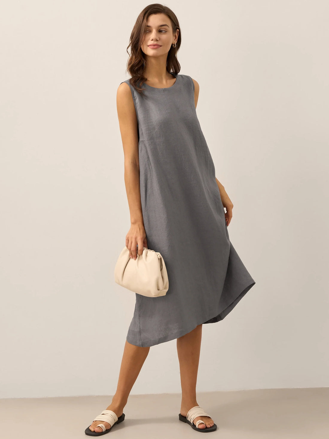100% Linen Sleeveless Round Neck Midi Dress