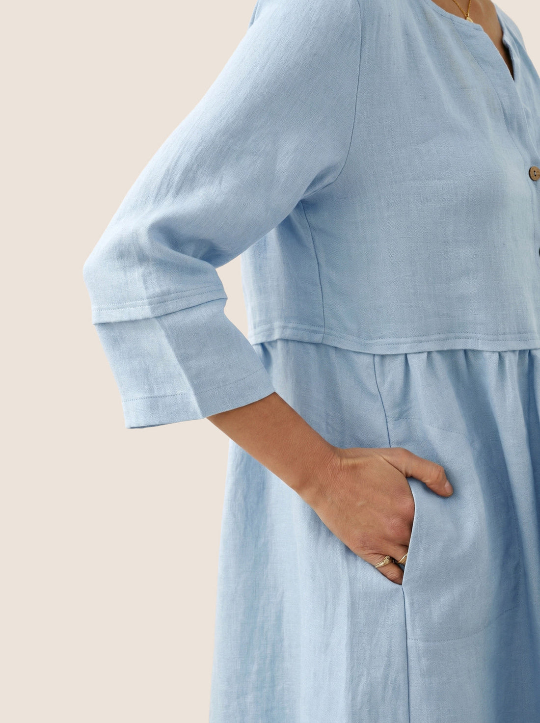 100% Linen Button-Waist Gathered V-Neck Midi Dress