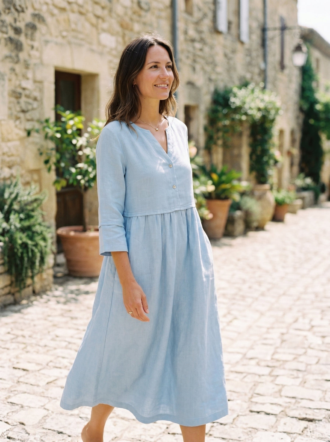 100% Linen Button-Waist Gathered V-Neck Midi Dress