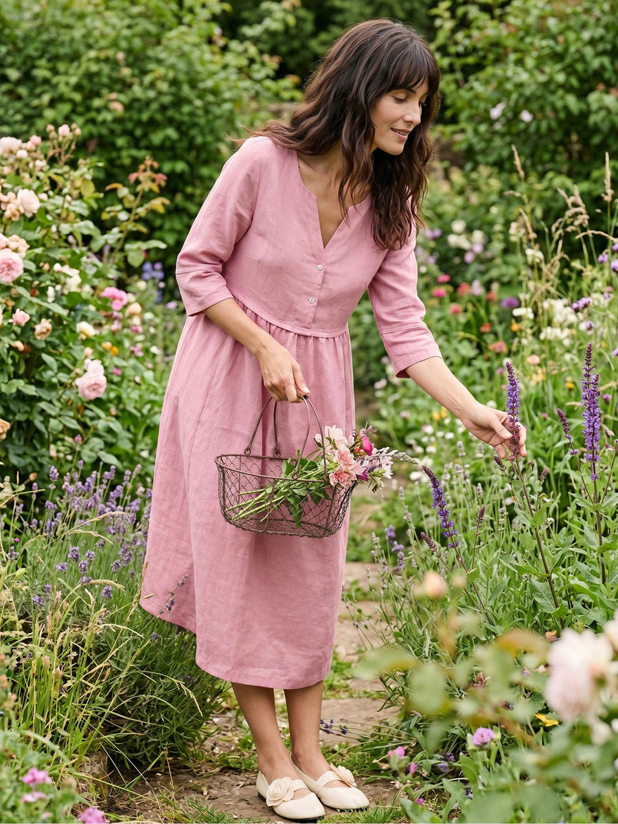 100% Linen Button-Waist Gathered V-Neck Midi Dress