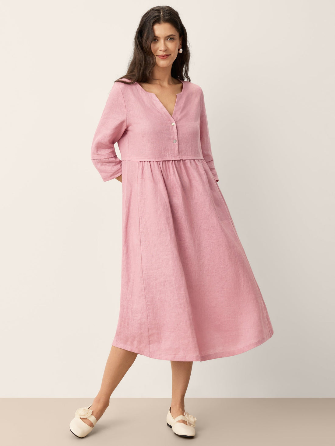 100% Linen Button-Waist Gathered V-Neck Midi Dress