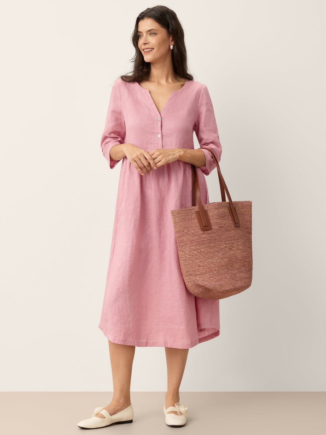 100% Linen Button-Waist Gathered V-Neck Midi Dress
