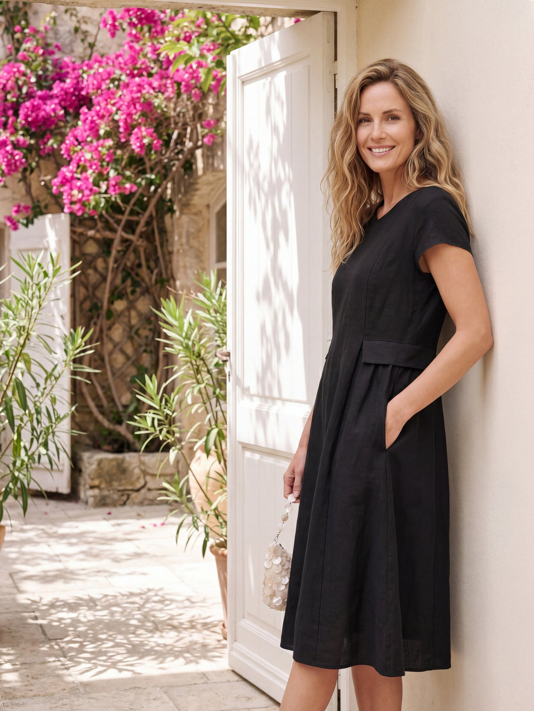 100% Linen Belted V-Neck Midi Dress