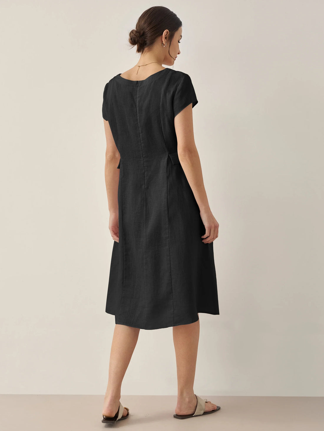 100% Linen Belted V-Neck Midi Dress