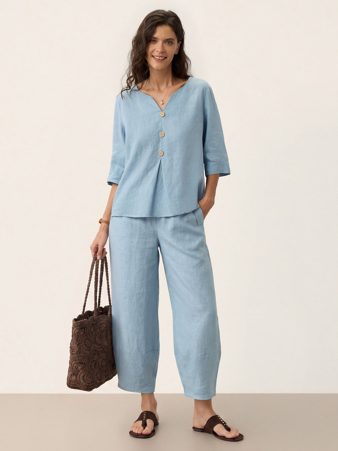 100% Linen Relaxed-Fit Button Detail Blouse