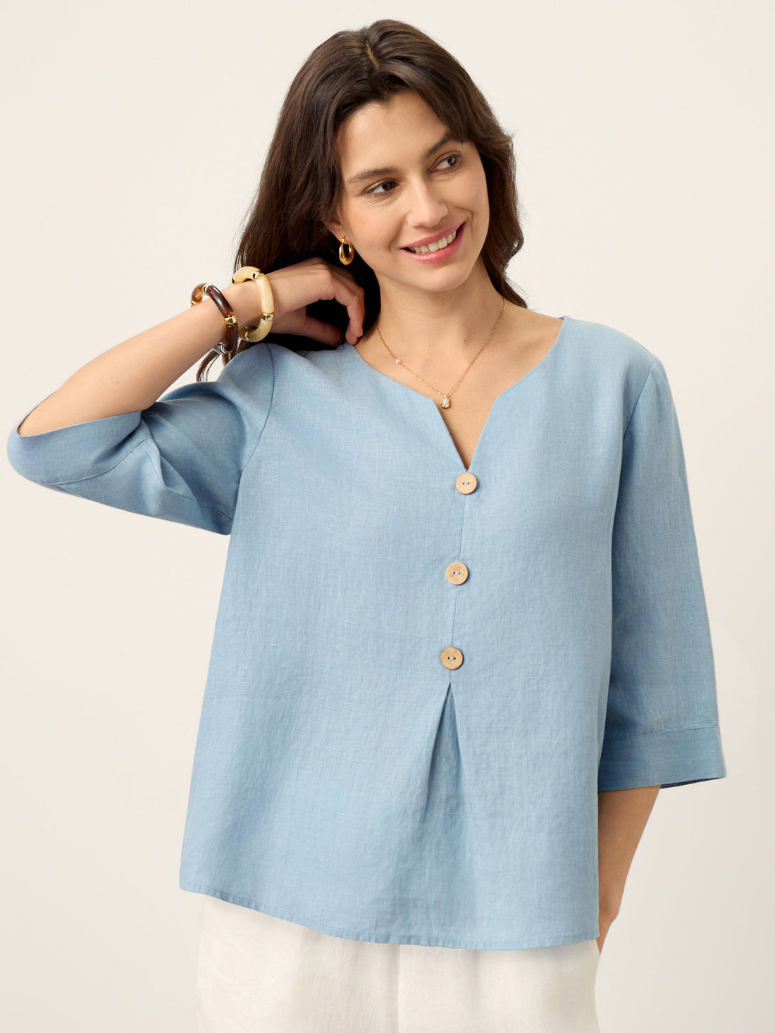 100% Linen Relaxed-Fit Button Detail Blouse