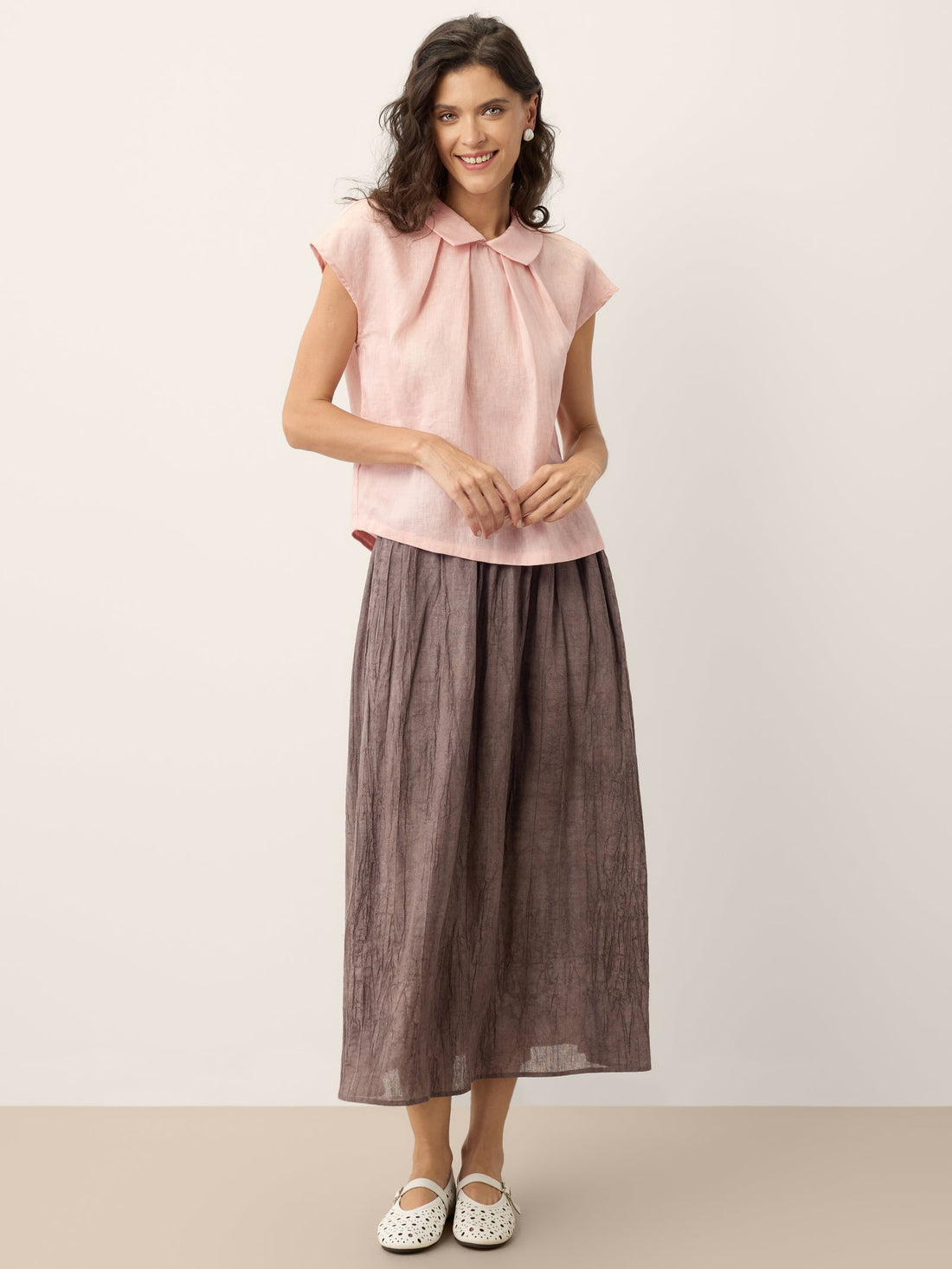 100% Linen Pleated Cap Sleeve Blouse