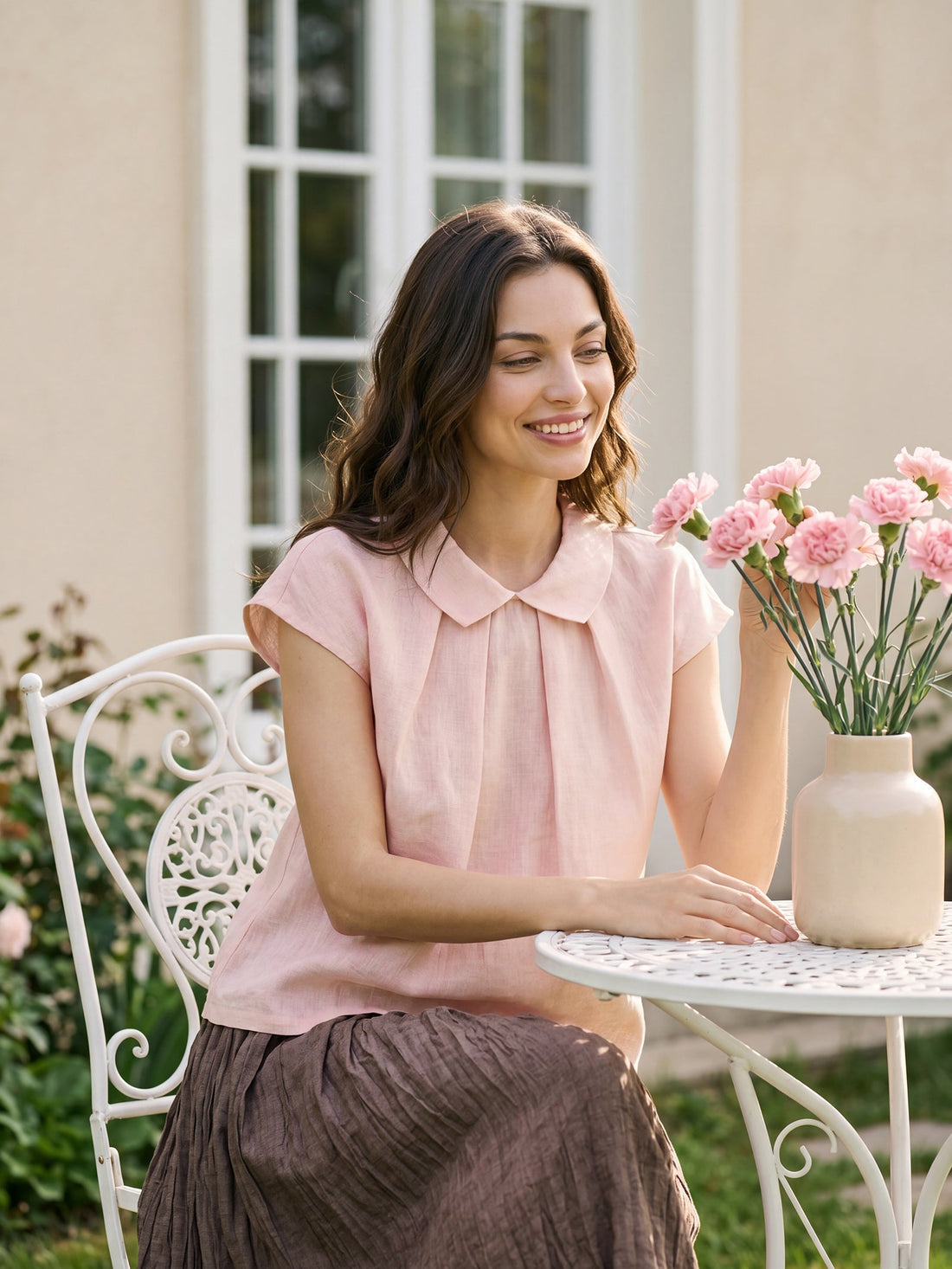 100% Linen Pleated Cap Sleeve Blouse