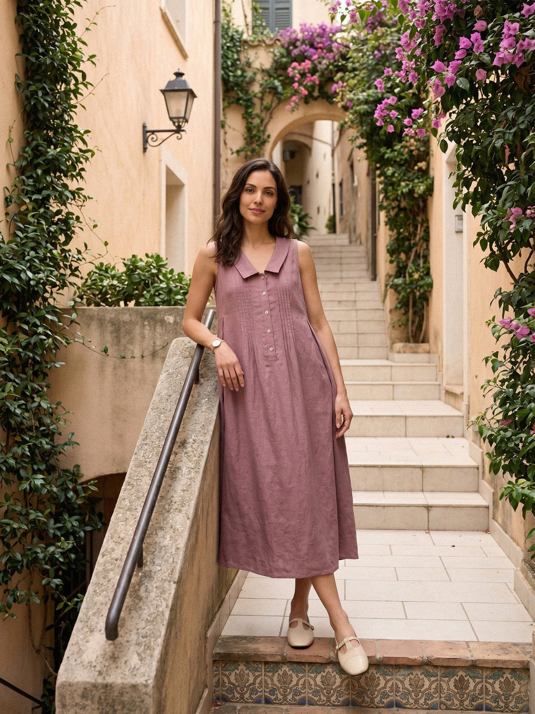 100% Linen Pleated Sleeveless Midi Dress