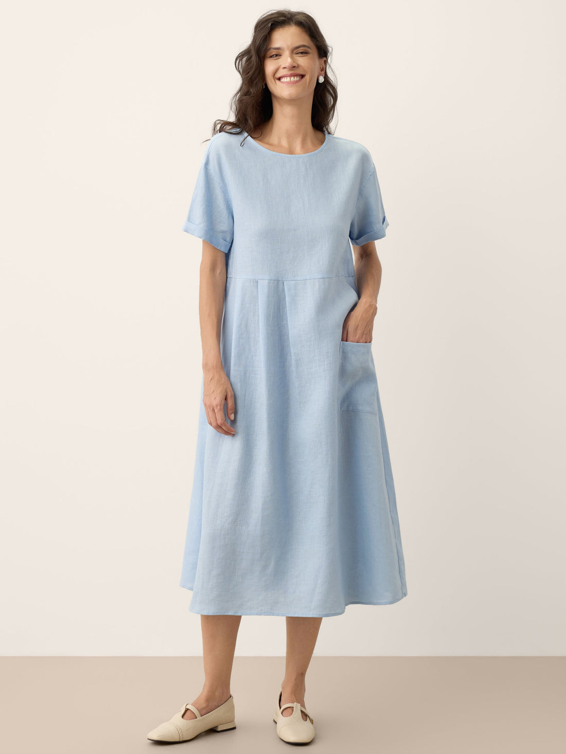 100% Linen Short Sleeve A-Line Midi Dress