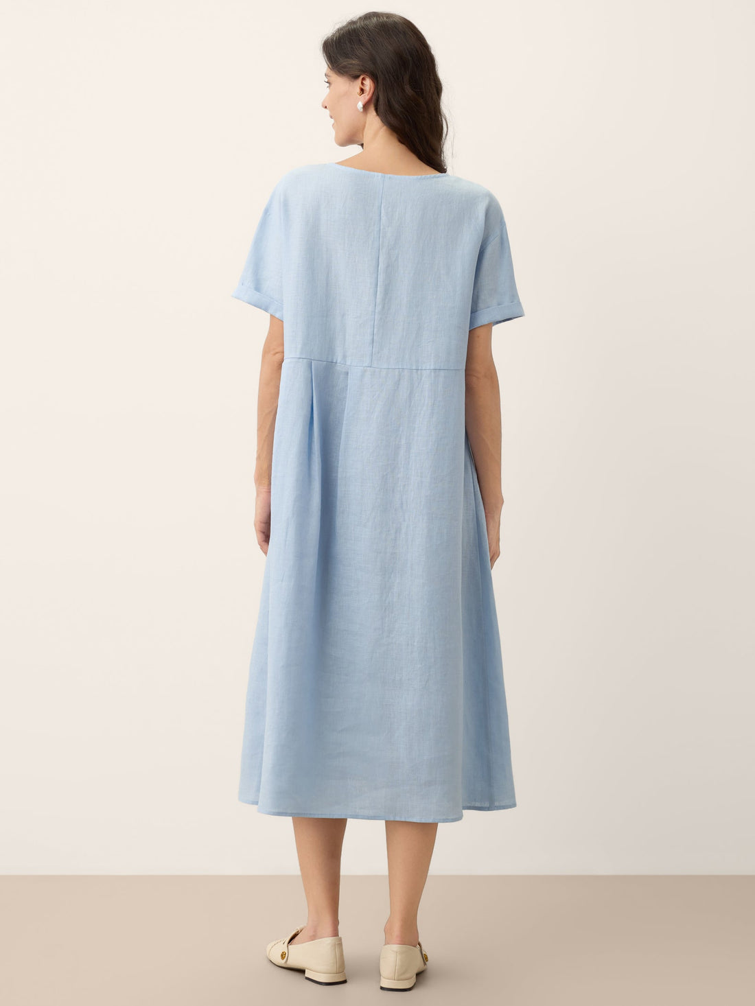 100% Linen Short Sleeve A-Line Midi Dress