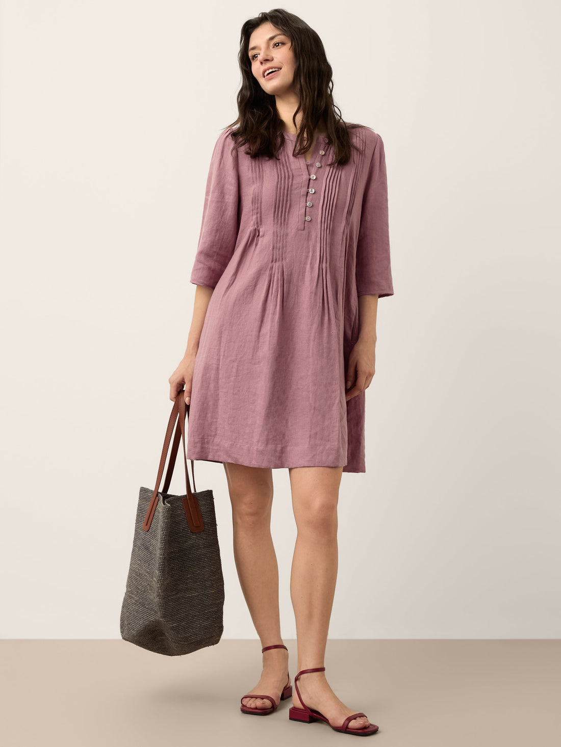 100% Linen Round Neck Mini Dress with Pockets