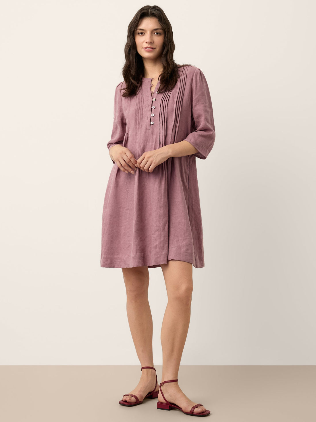 100% Linen Round Neck Mini Dress with Pockets