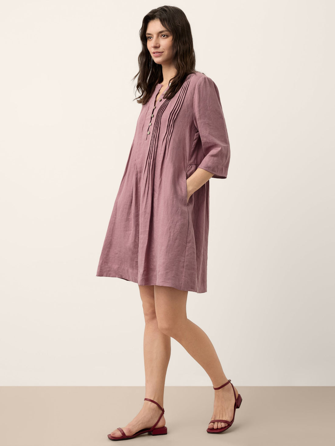 100% Linen Round Neck Mini Dress with Pockets