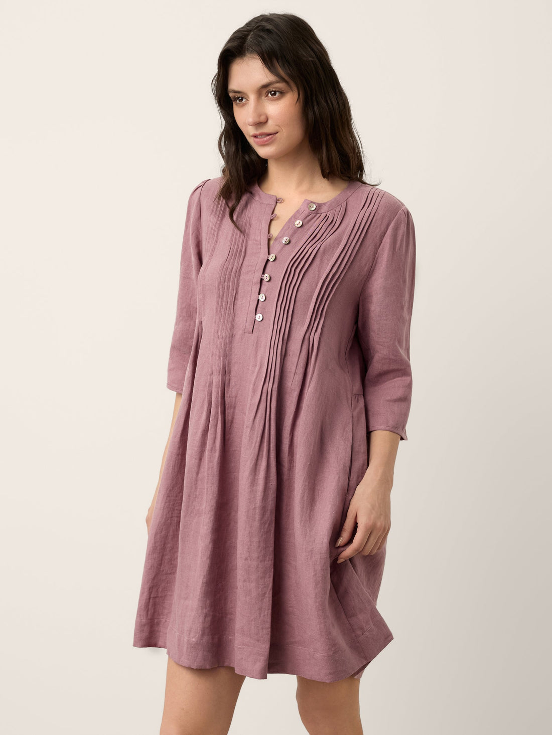 100% Linen Round Neck Mini Dress with Pockets