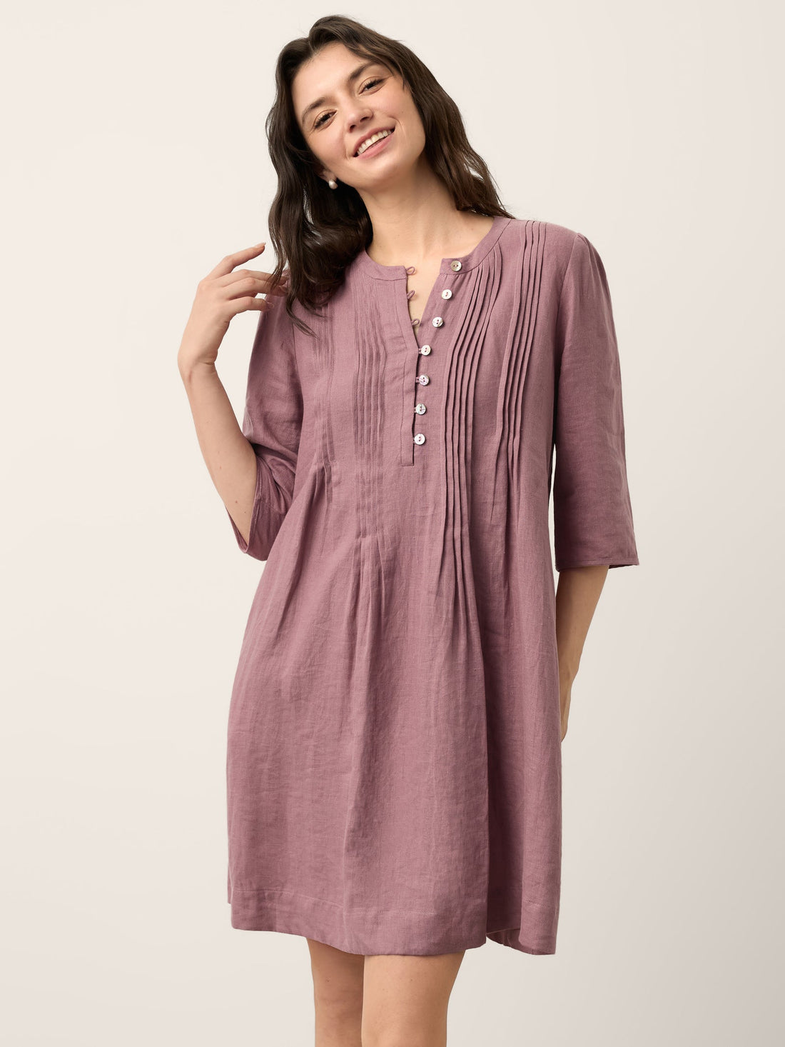 100% Linen Round Neck Mini Dress with Pockets