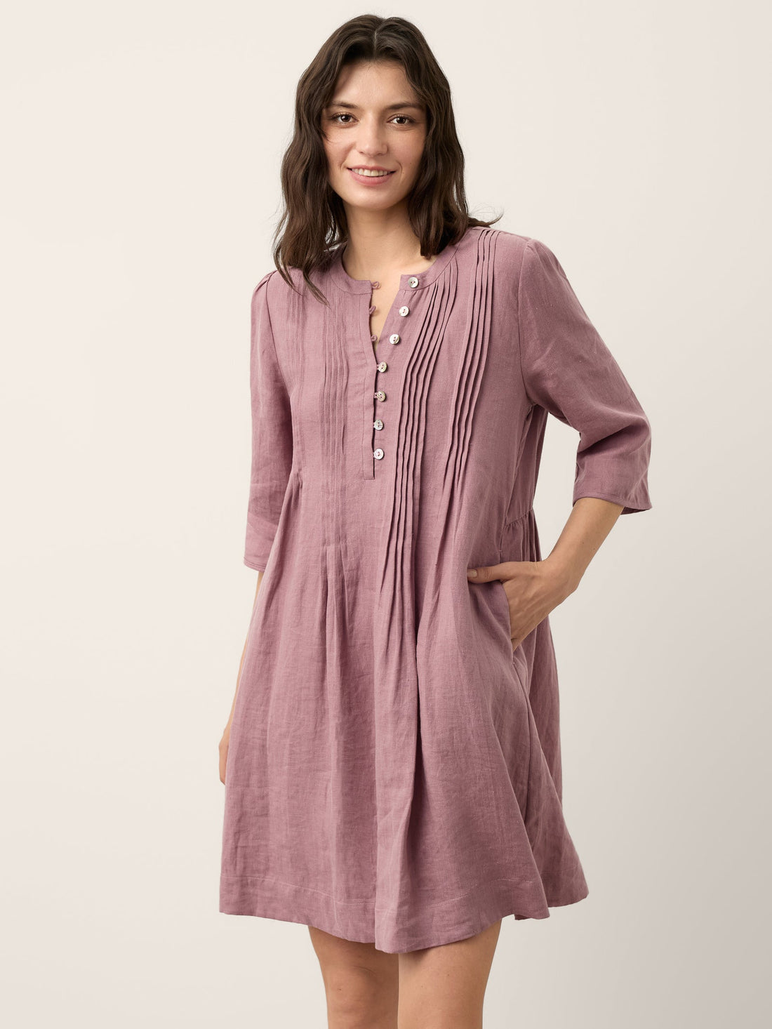 100% Linen Round Neck Mini Dress with Pockets