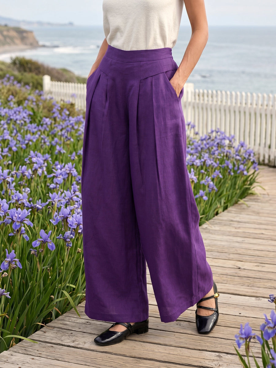 100% Linen Pleated High Rise Wide Leg Pants
