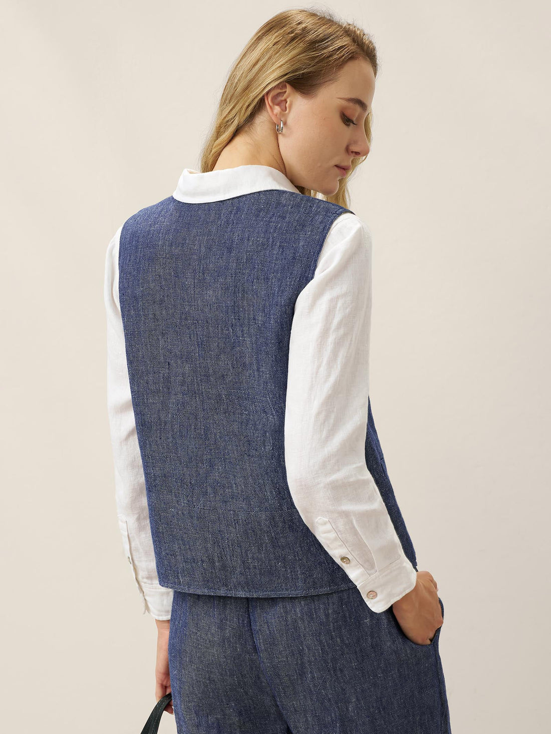 100% Linen Reversible Denim-Texture V-Neck Vest