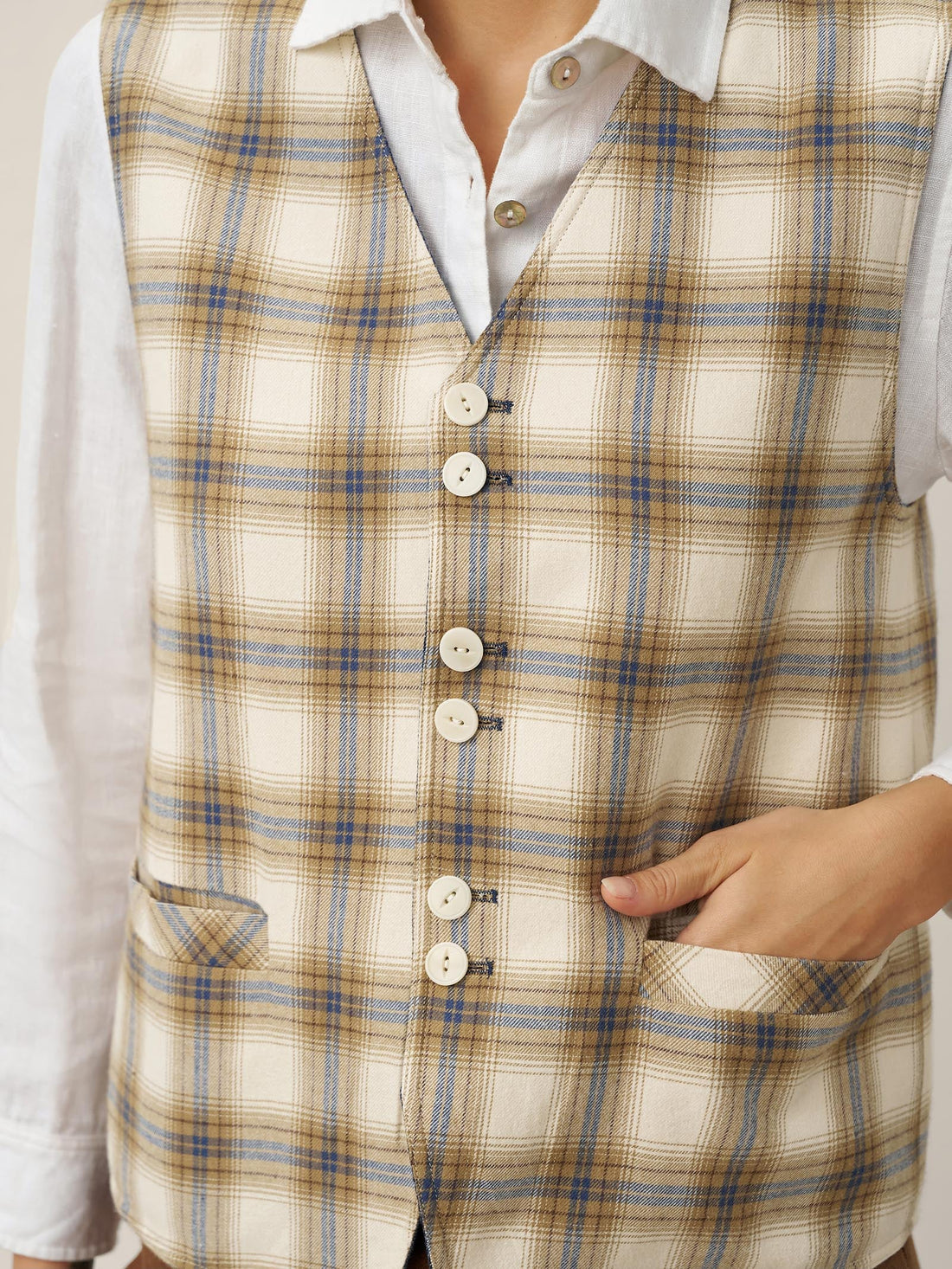 100% Linen Reversible Denim-Texture V-Neck Vest