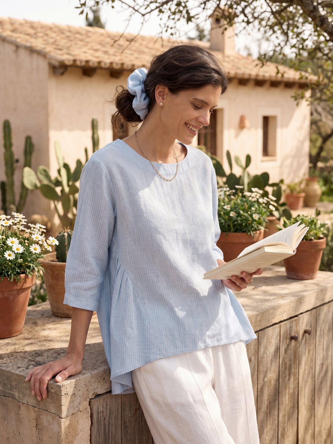 100% Linen Ruched Round Neck Blouse