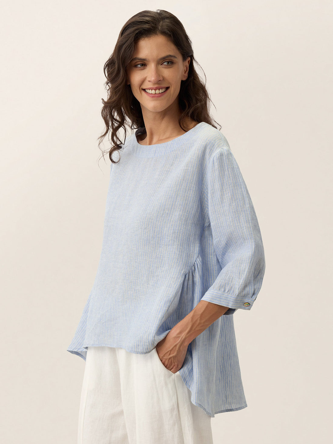 100% Linen Ruched Round Neck Blouse