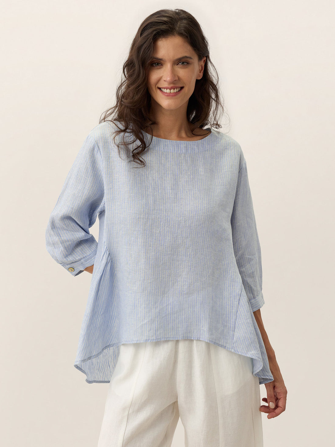 100% Linen Ruched Round Neck Blouse