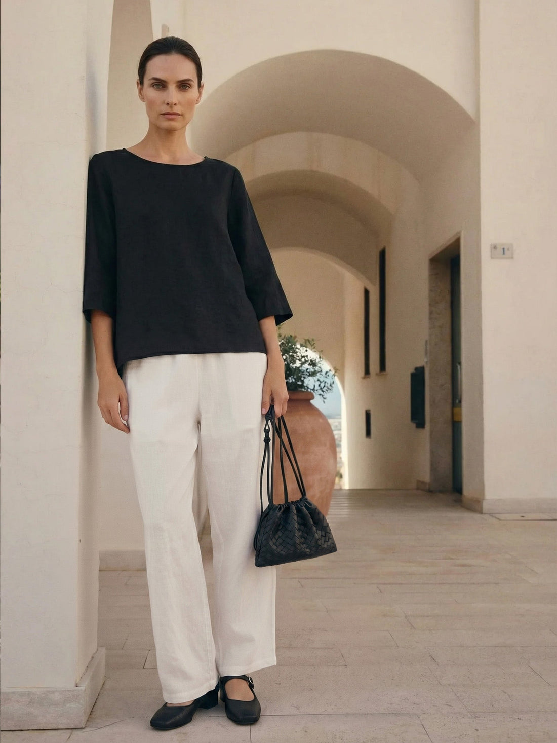 100% Linen Round Neck Half-Sleeve Blouse