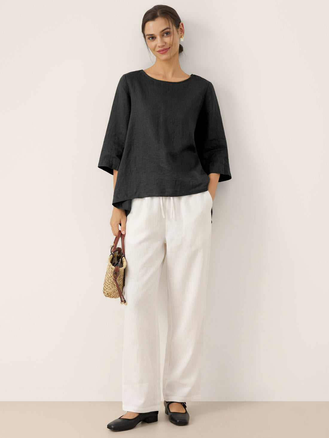 100% Linen Round Neck Half-Sleeve Blouse