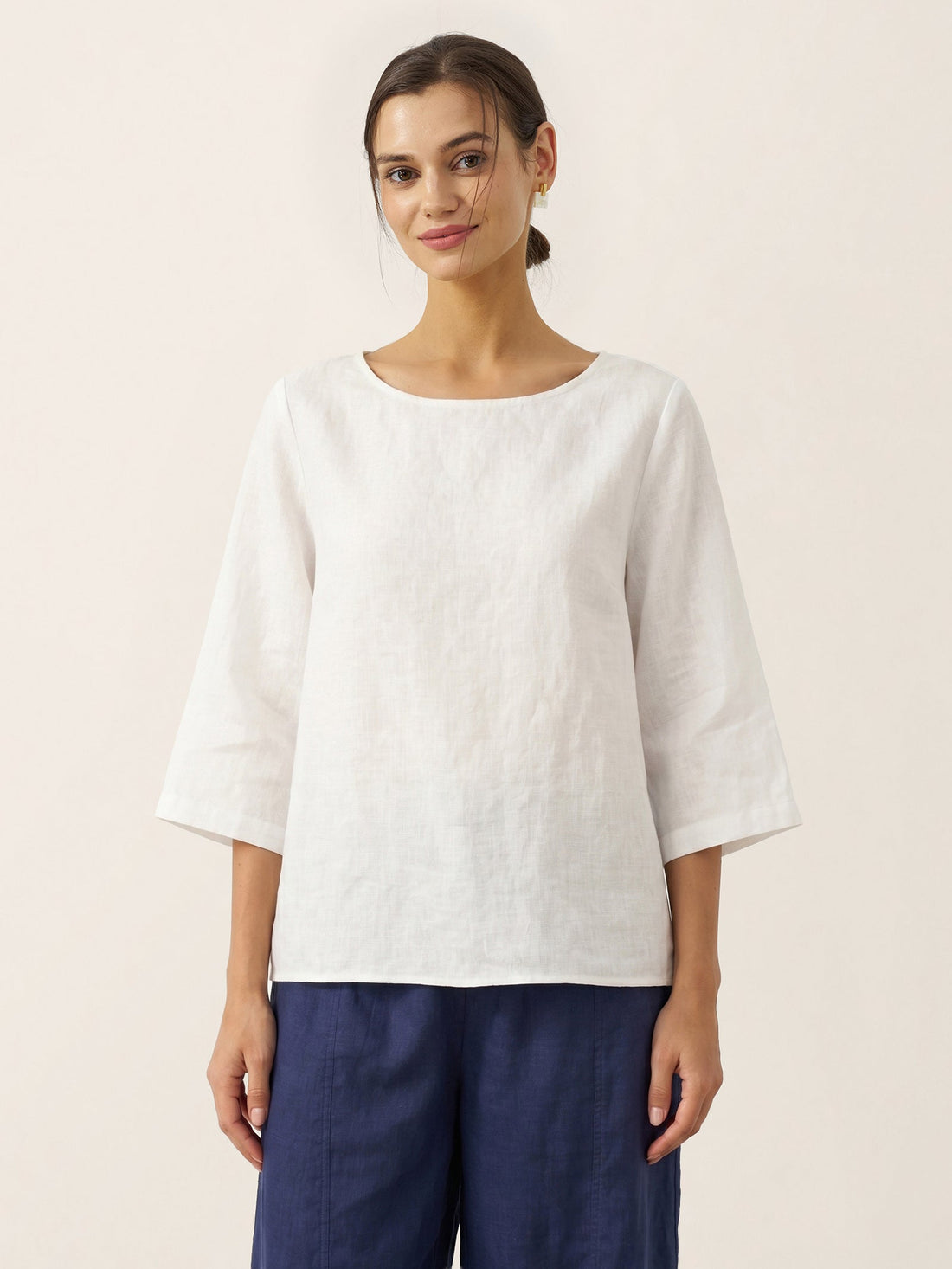 100% Linen Round Neck Half-Sleeve Blouse