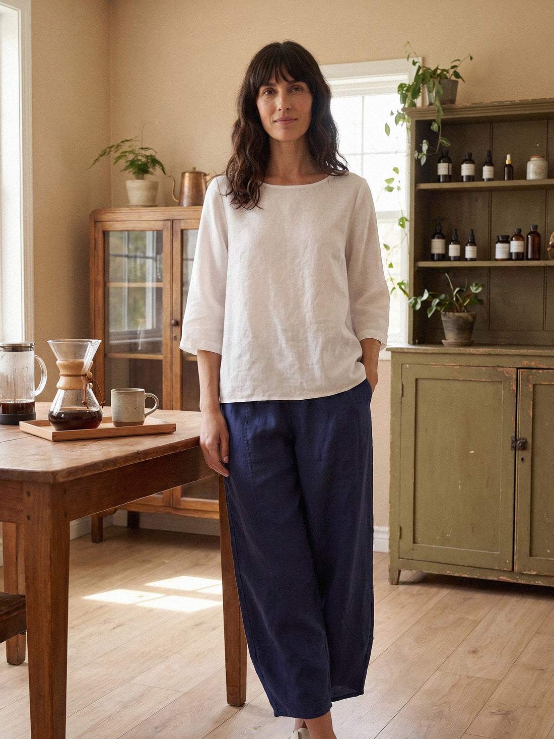 100% Linen Round Neck Half-Sleeve Blouse