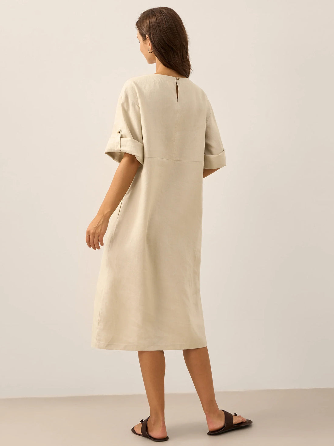 100% Linen Asymmetric Round Neck Midi Dress