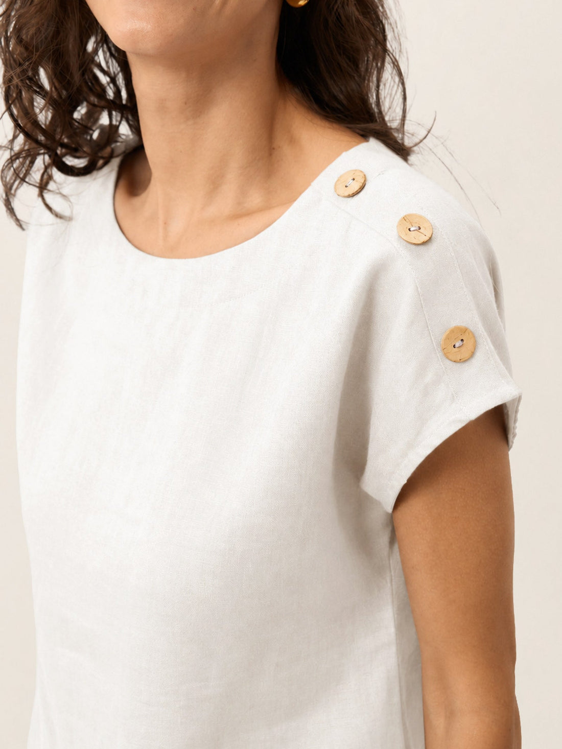 100% Linen Button Detail Round Neck Blouse