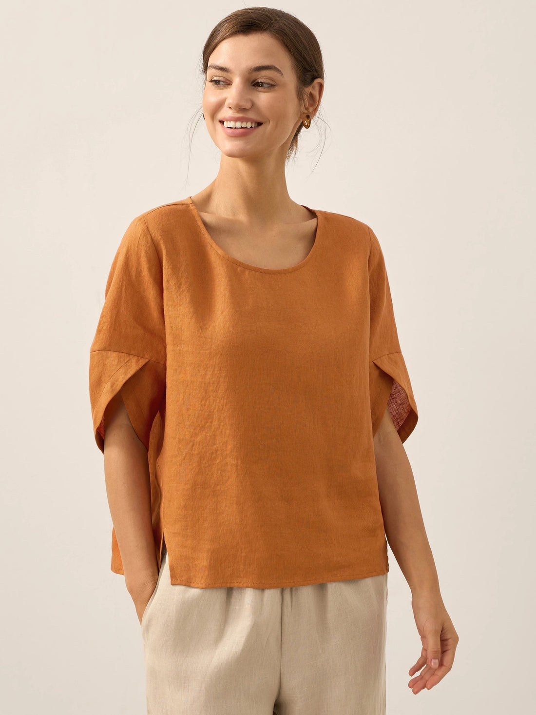 100% Linen Round Neck Petal-Sleeve Pullover
