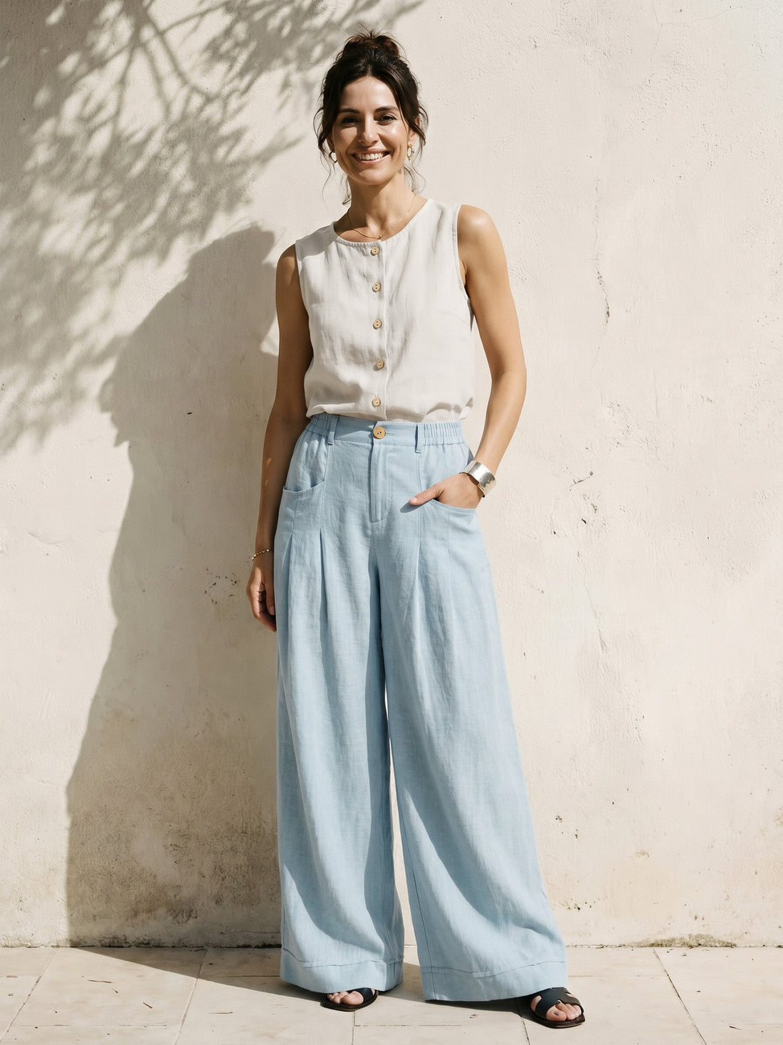 Linen Wide-Leg Pants with Welt Pockets