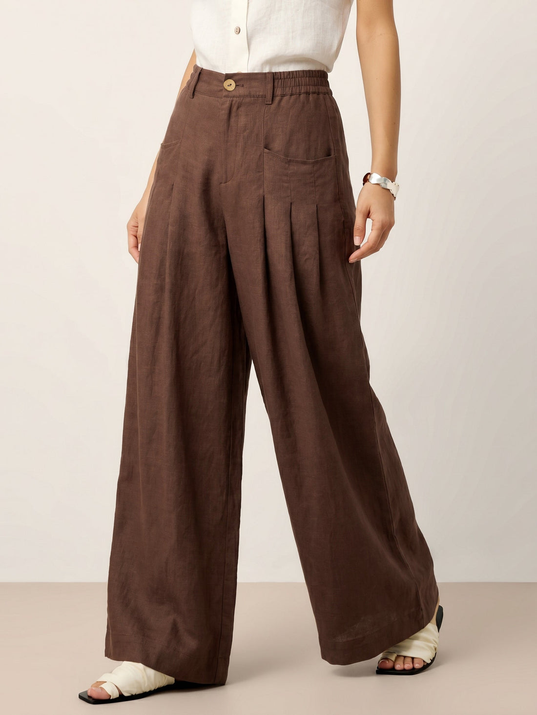 Linen Wide-Leg Pants with Welt Pockets