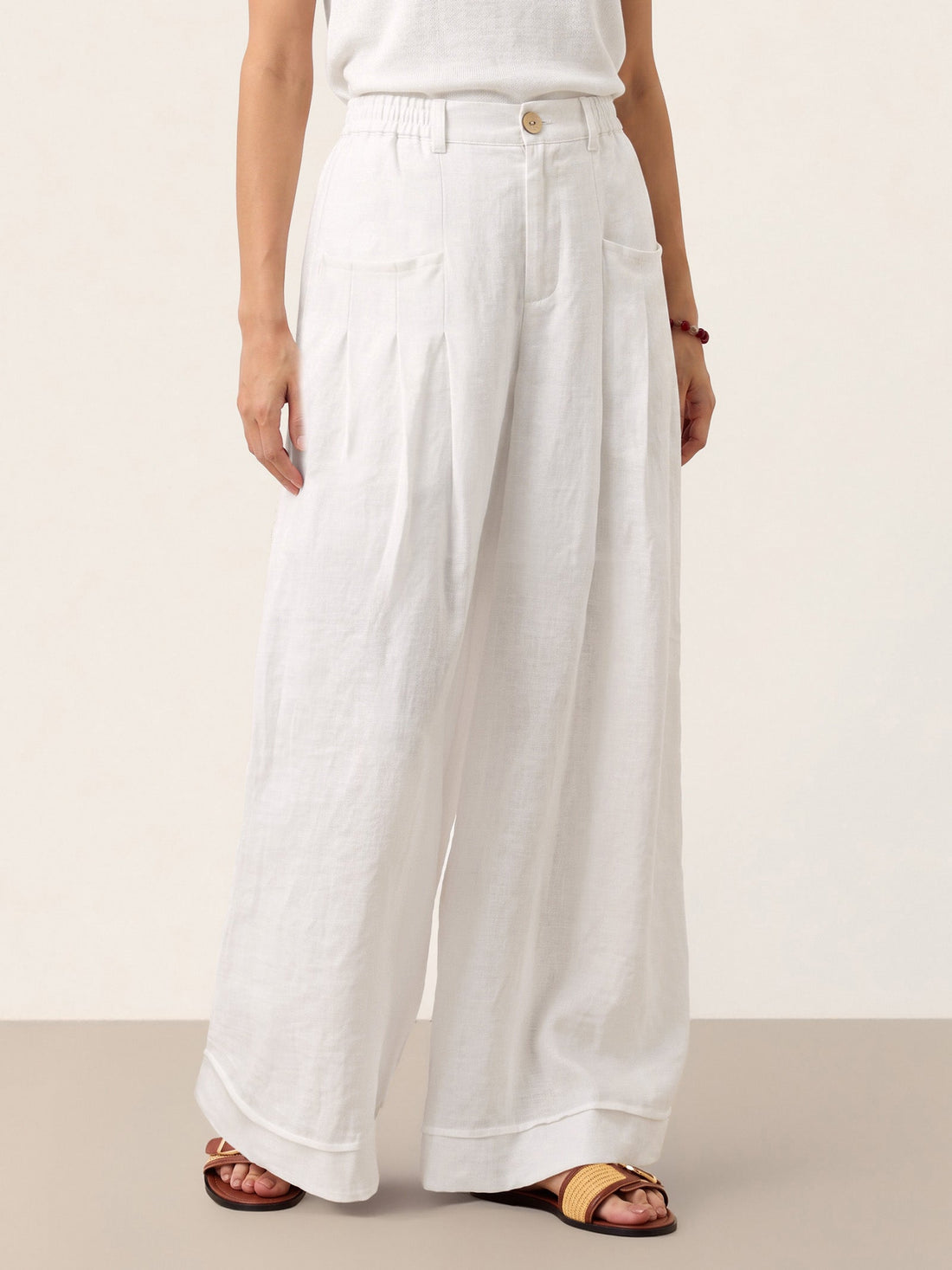 Linen Wide-Leg Pants with Welt Pockets