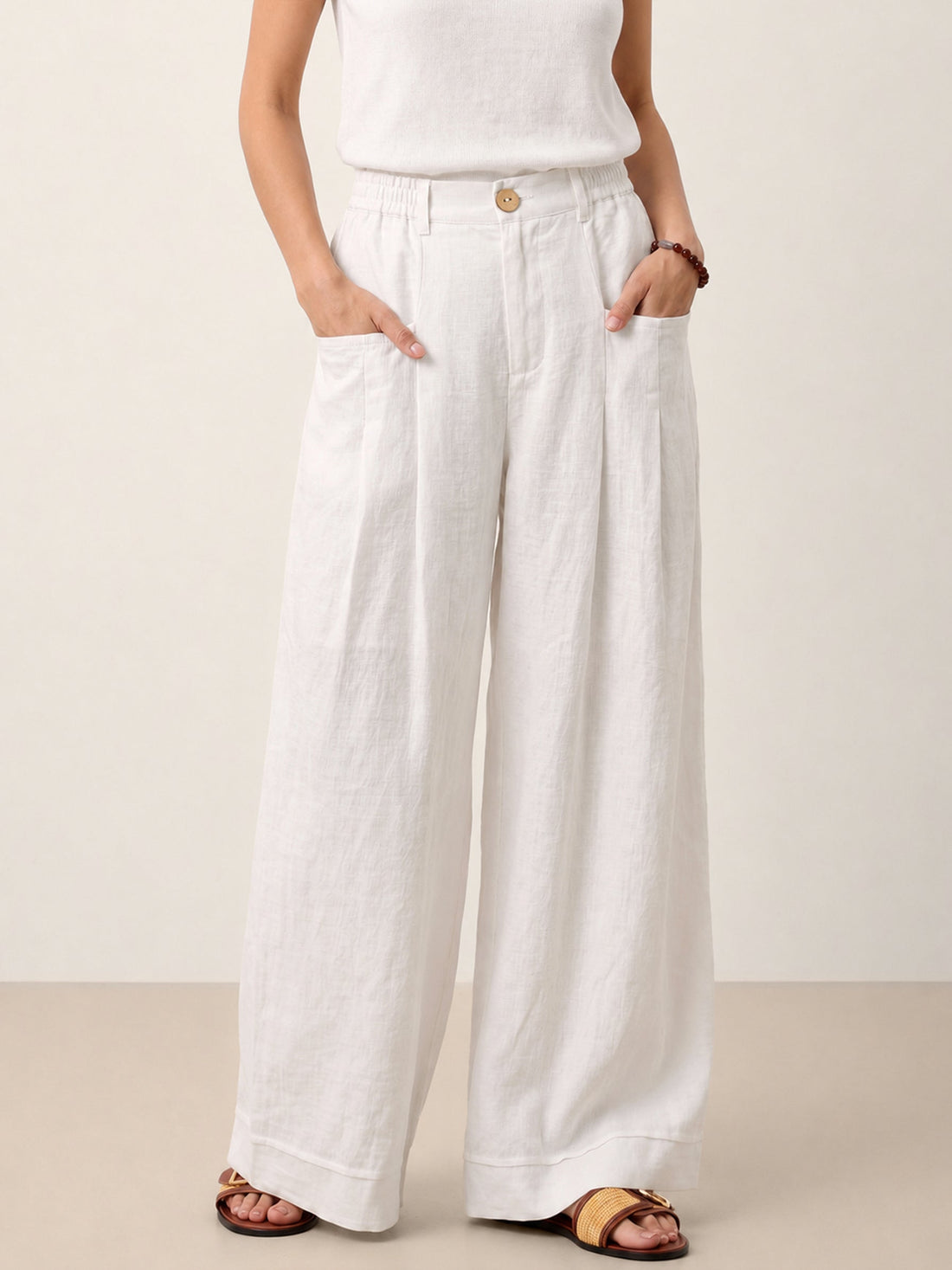 Linen Wide-Leg Pants with Welt Pockets