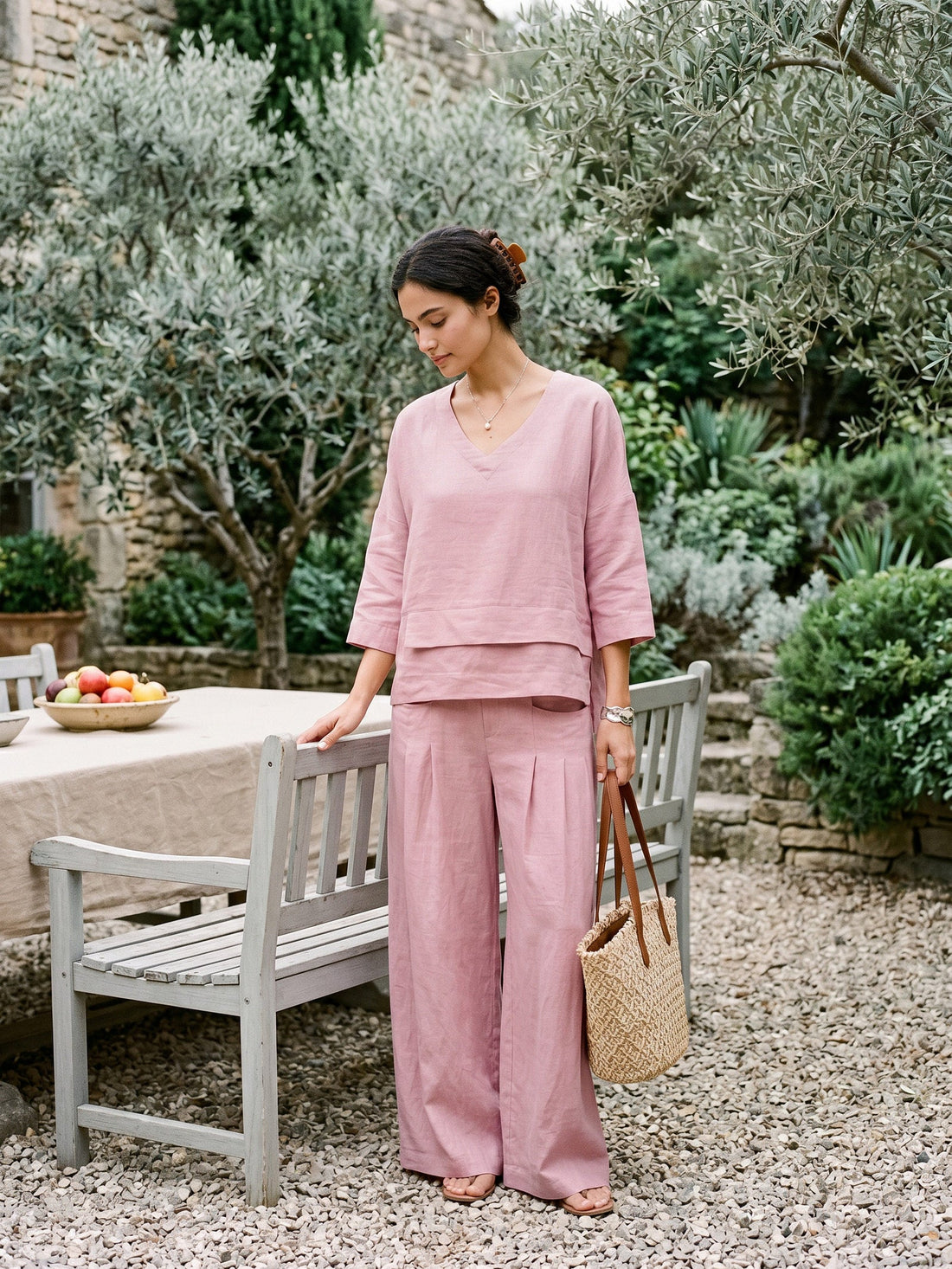 Linen Wide-Leg Pants with Welt Pockets