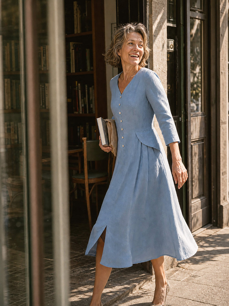 100% Linen Pleated Midi Dress with Hidden Pockets